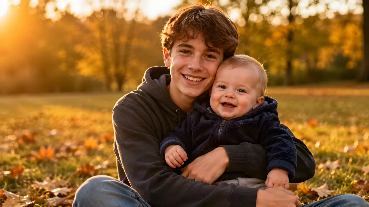 Teenager hält lachendes Baby im Herbstpark