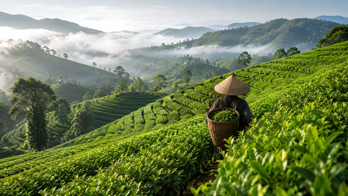 Teepflückerin auf grünen Terrassen im Morgennebel