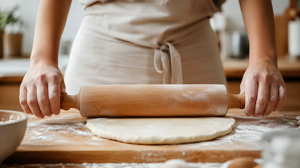 Teig ausrollen mit Nudelholz auf Holzbrett
