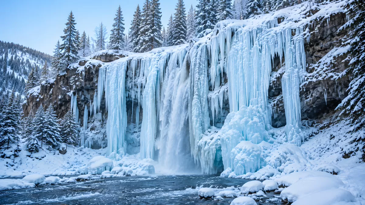 Teilgefrorener Wasserfall mit Eiszapfen im Winter