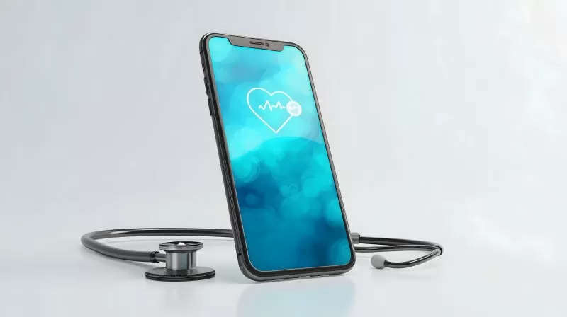 Telemedizin App auf Smartphone mit Stethoskop isoliert auf Weiß