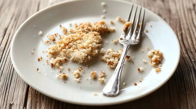 Teller mit Essensresten auf rustikalem Holztisch