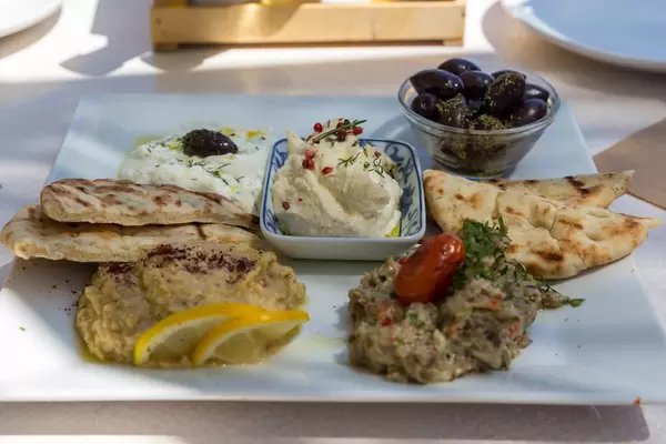 Teller mit Pita-Brot und verschiednen Dips, wie Tzatziki, frischem Rogendip, Auberginensalat, Hummus und Oliven