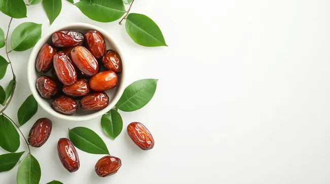 Teller voller saftiger Datteln mit grünen Blättern