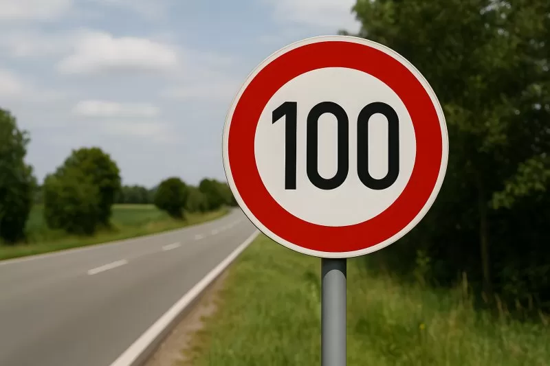 Tempolimit 100 Schild an deutscher Bundesstraße mit Bäumen im Hintergrund