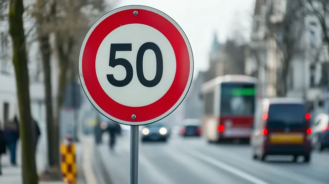 Tempolimit 50 Schild an belebter Stadtstraße
