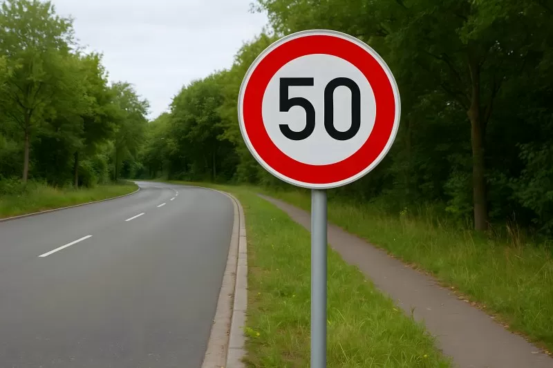 Tempolimit 50 Schild an deutscher Landstraße mit Wald im Hintergrund