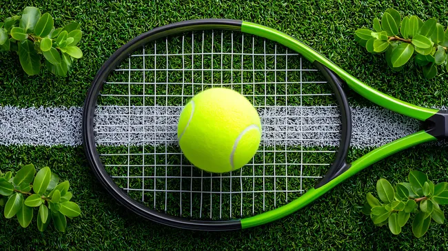 Tennisausrüstung auf grünem Rasen