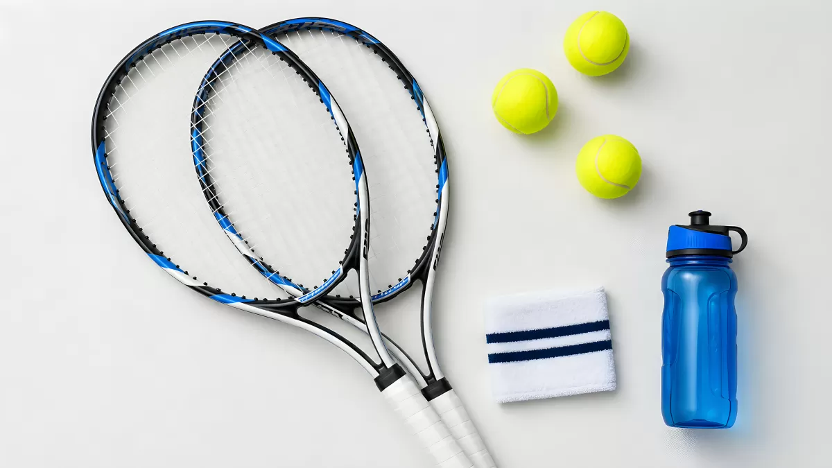Tennisausrüstung mit Schlägern, Bällen und Trinkflasche