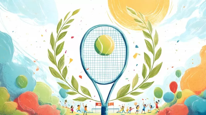 Tennisball auf Schläger mit Lorbeer und jubelnden Kindern