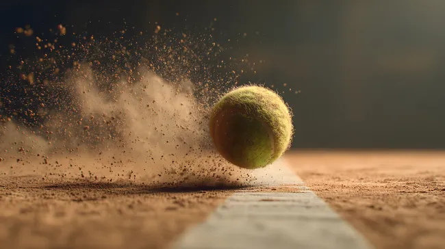 Tennisball beim Aufprall auf Sandplatz mit Staubwolke