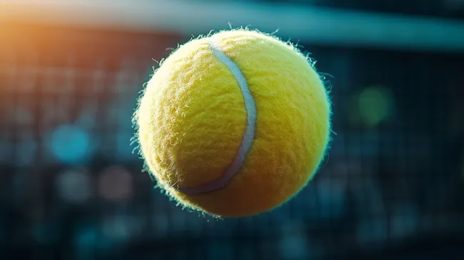 Tennisball in Zeitlupe auf Netz fliegend