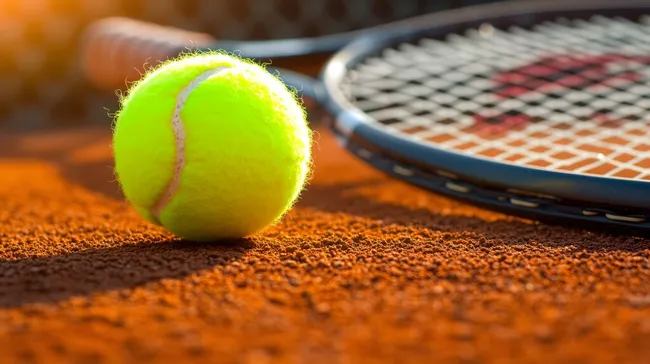 Tennisball und Schläger auf Sand-Tennisplatz