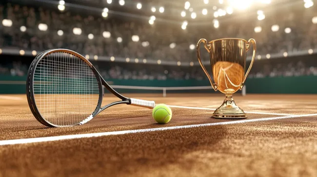 Tennisschläger, Ball und Pokal auf Sandplatz nach Turniersieg
