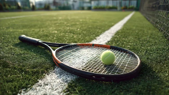 Tennisschläger und Ball auf Spielfeldlinie