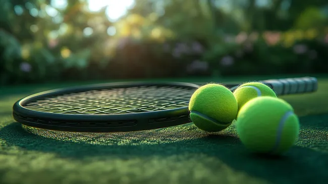 Tennisschläger und Tennisbälle auf grünem Tennisplatz bei Sonnenschein