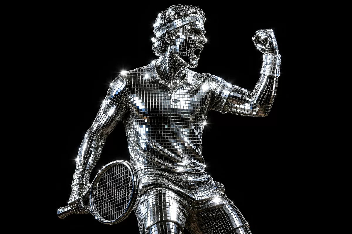 Tennisspieler als glitzernde Diskokugel-Skulptur