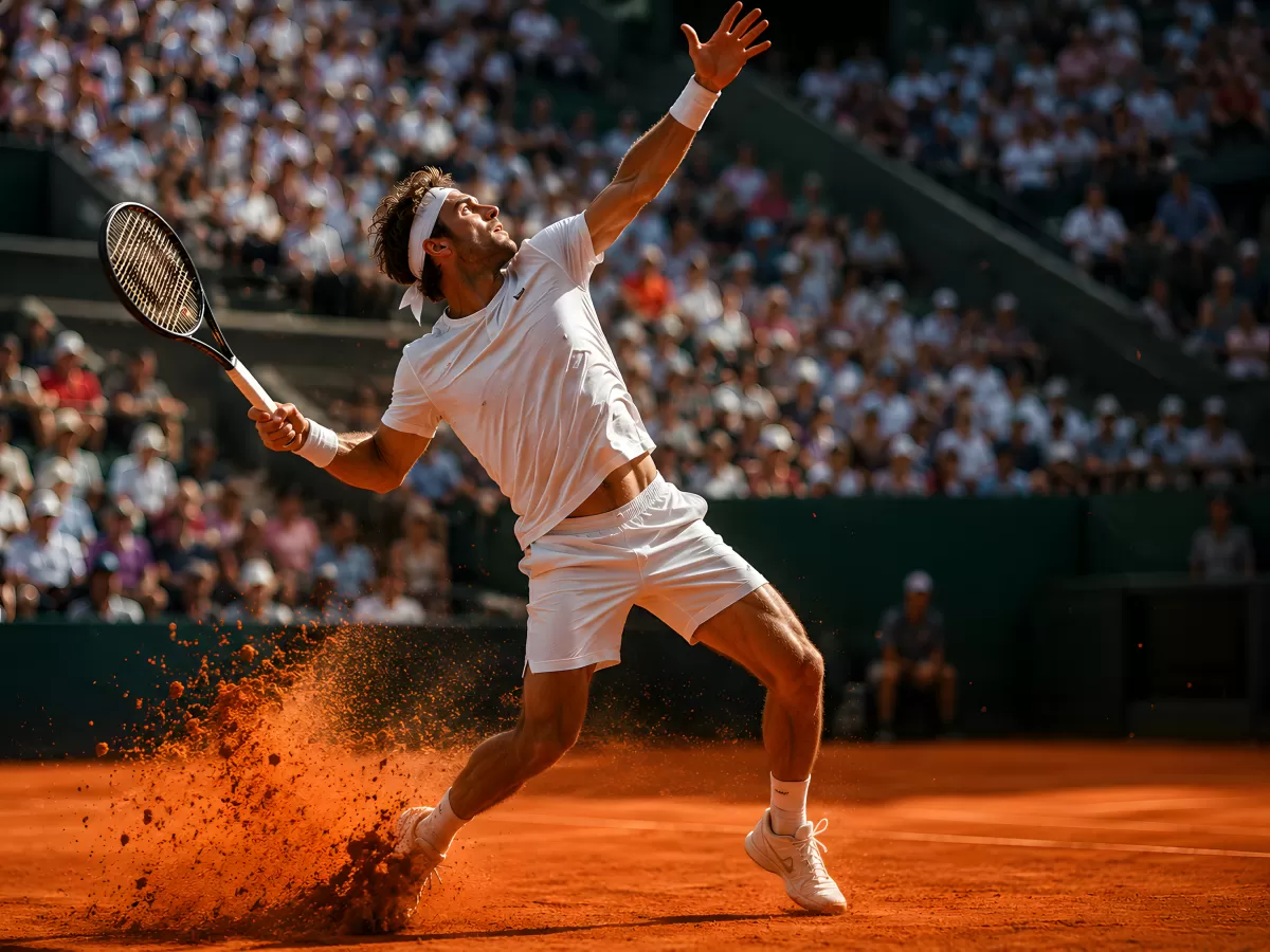 Tennisspieler auf rotem Sand beim kraftvollen Schlag