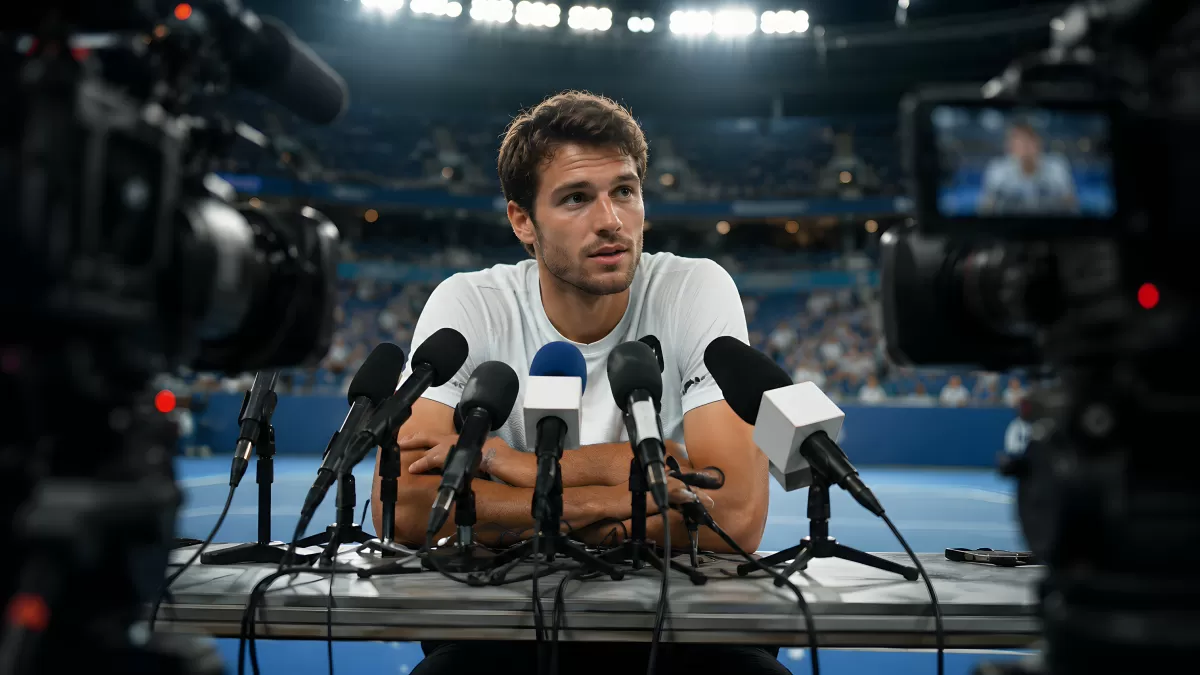 Tennisspieler bei Pressekonferenz im Sportstadion