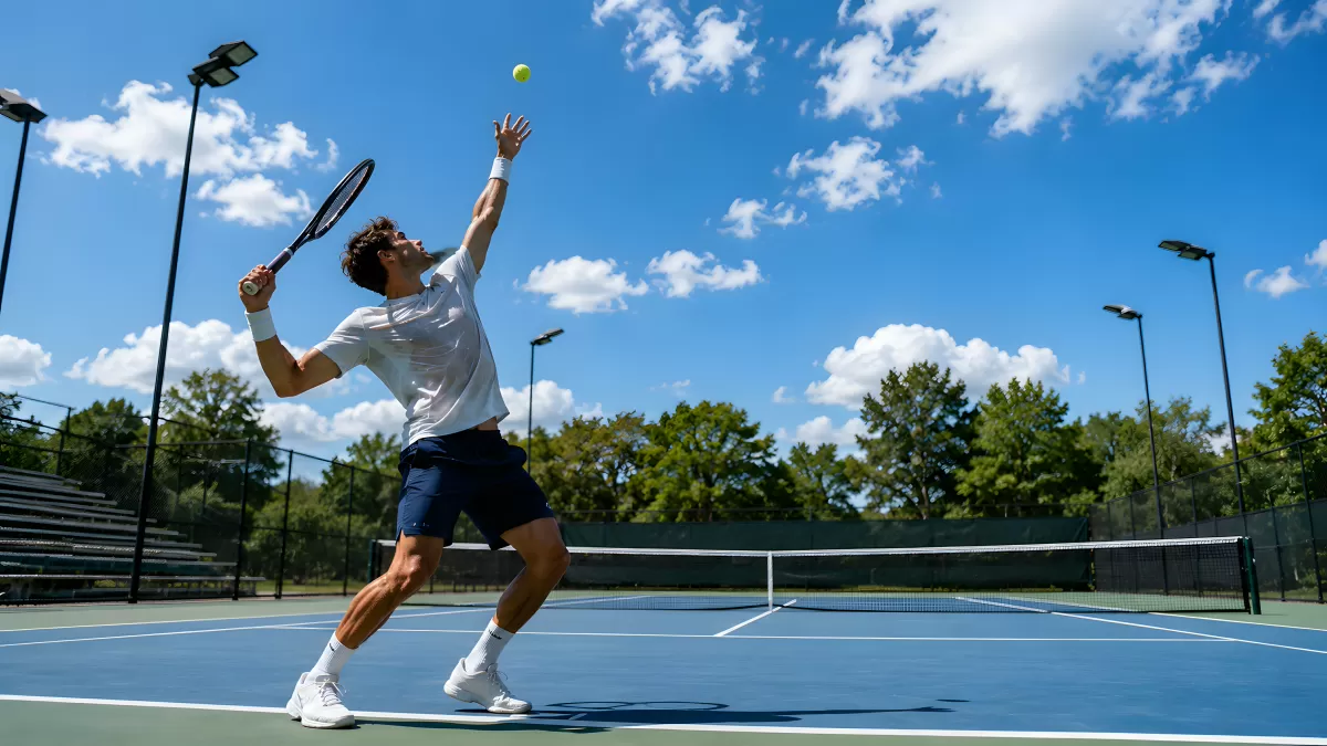 Tennisspieler beim Aufschlag auf blauem Hartplatz