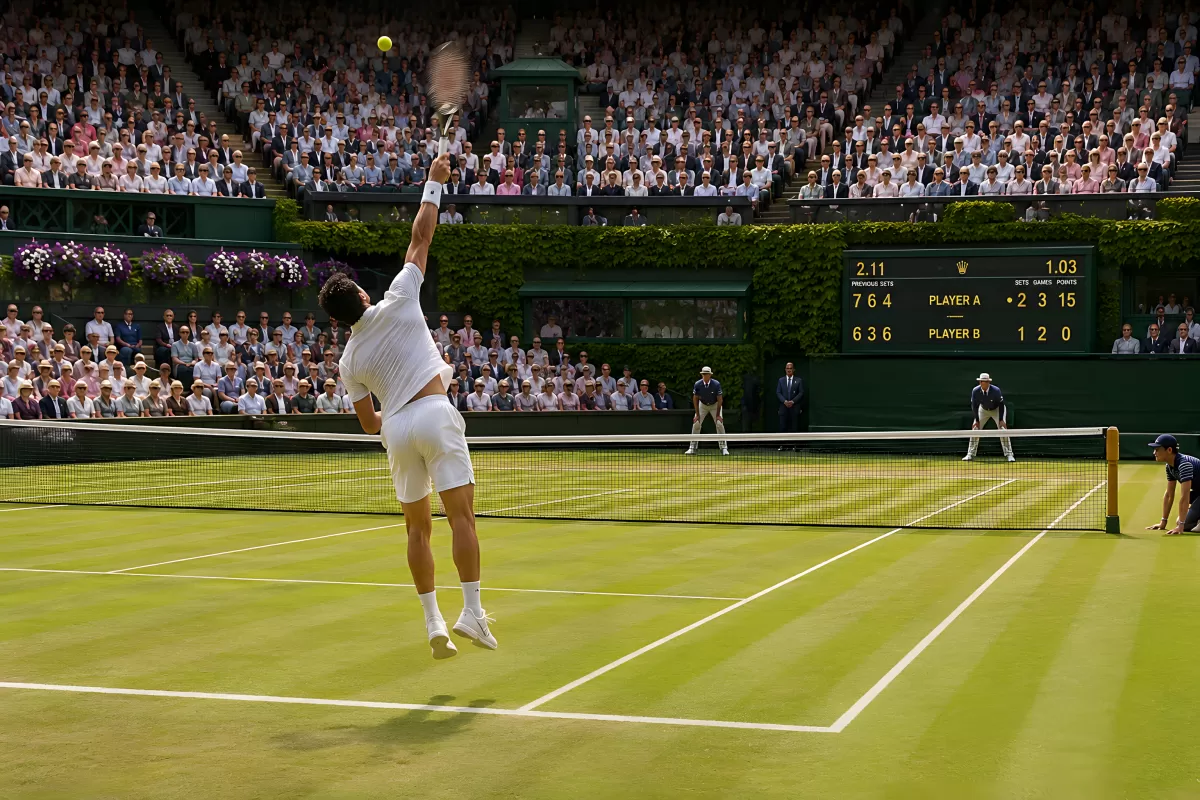 Tennisspieler beim Aufschlag auf dem Wimbledon-Rasen
