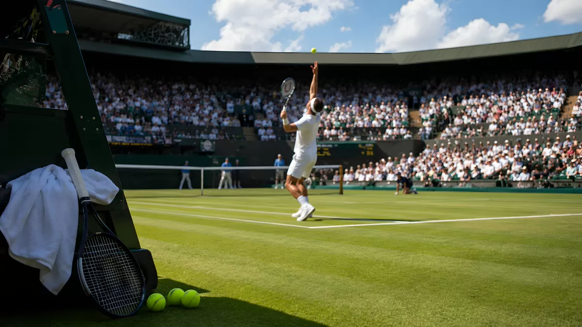 Tennisspieler beim Aufschlag auf dem Wimbledon-Rasenplatz