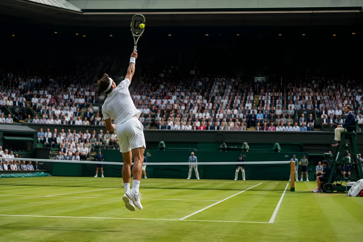 Tennisspieler beim Aufschlag auf Rasenplatz vor Publikum