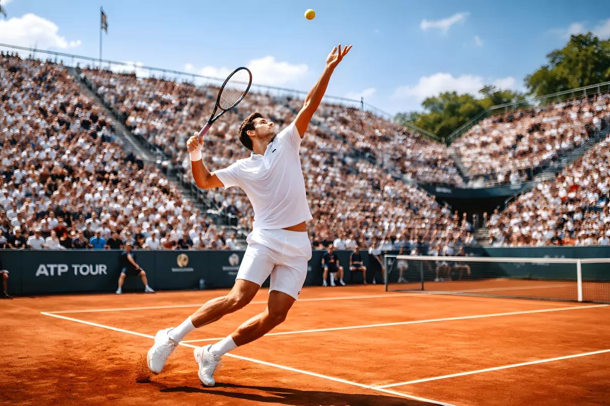 Tennisspieler beim Aufschlag auf rotem Sandplatz