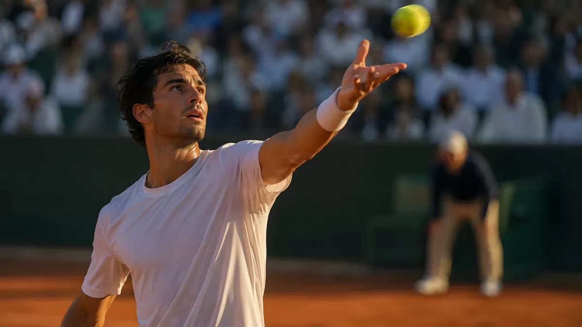 Tennisspieler beim Aufschlag auf Sandplatz im Abendlicht
