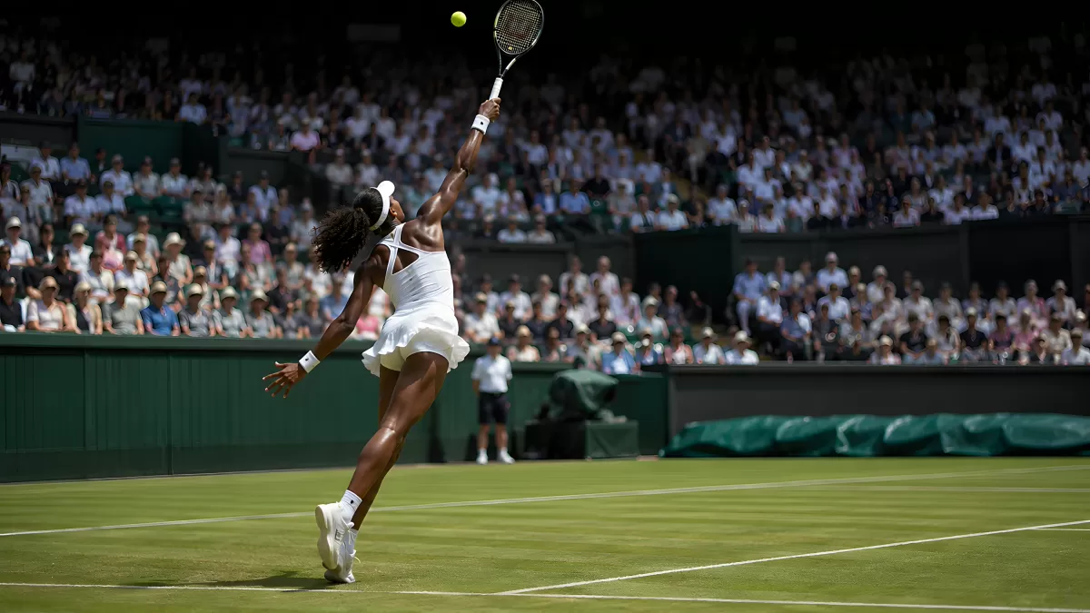 Tennisspieler beim kraftvollen Aufschlag im Wimbledon-Stadion