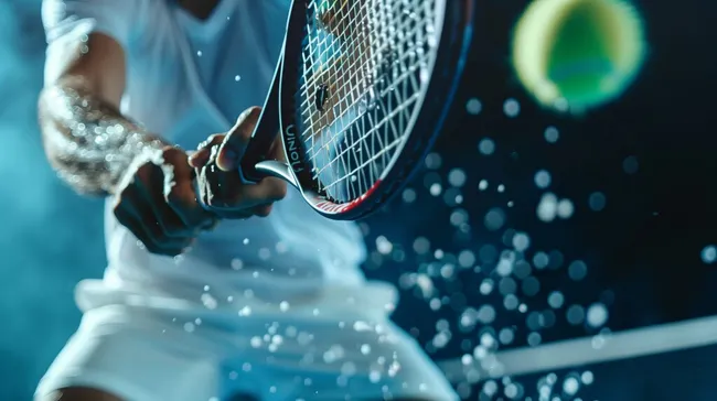 Tennisspieler beim Rückhandschlag mit Wassertropfen