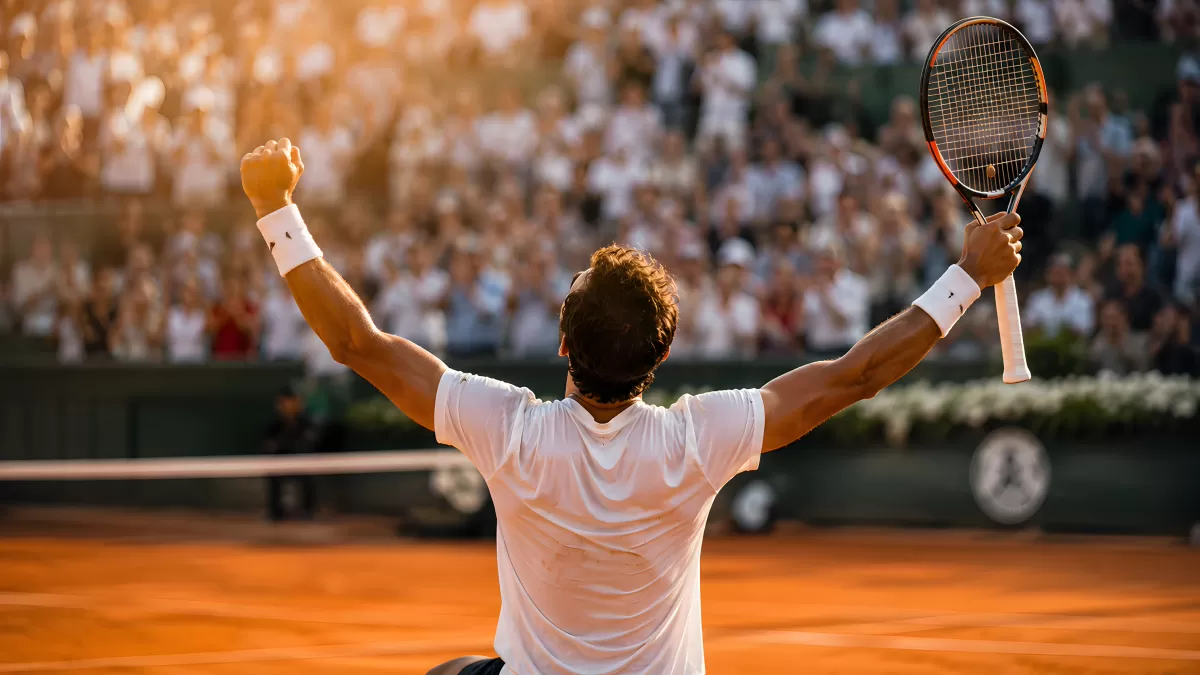 Tennisspieler feiert Sieg auf rotem Sandplatz
