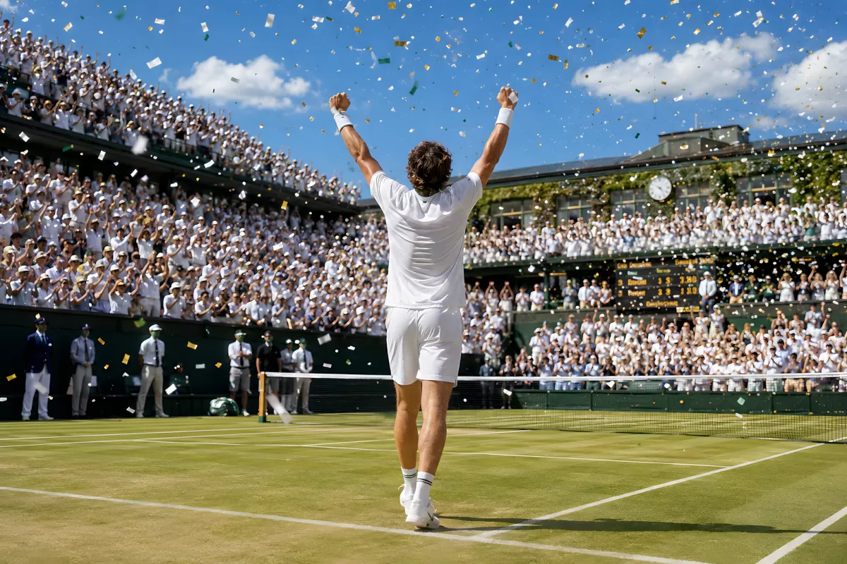 Tennisspieler feiert Sieg auf Wimbledon-Rasenplatz