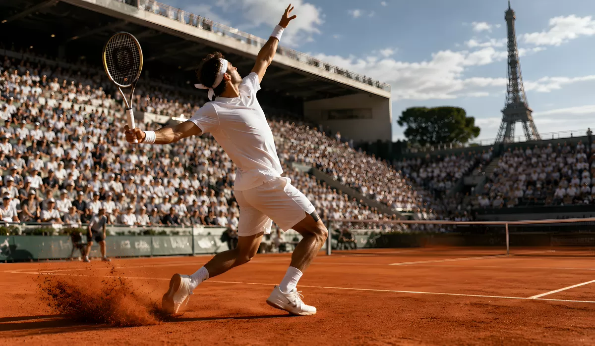 Tennisspieler im Aufschlag auf rotem Sandplatz in Paris