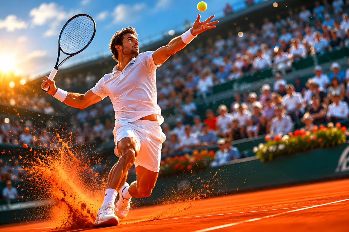 Tennisspieler im Aufschlag auf rotem Sandplatz