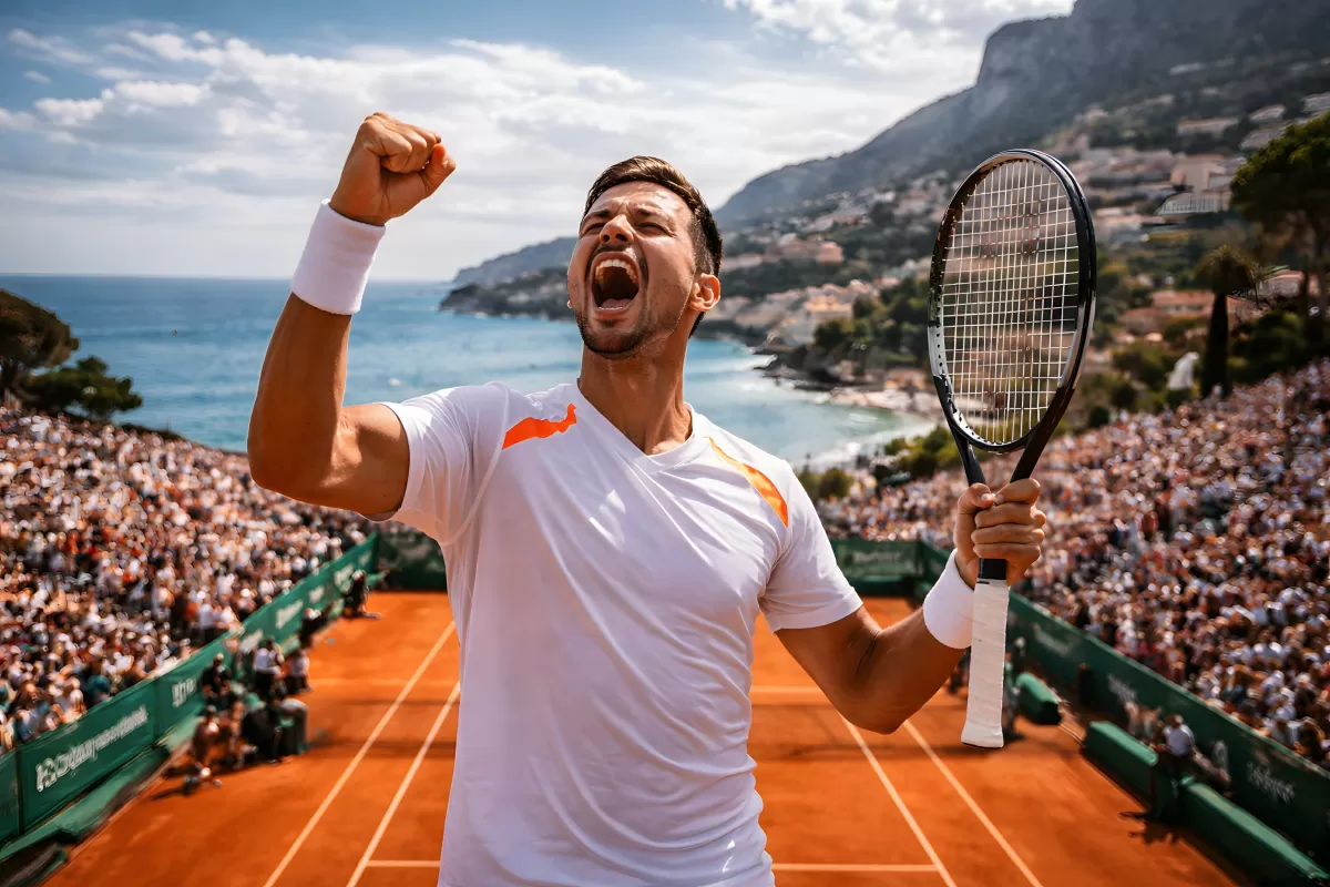 Tennisspieler jubelt auf rotem Sandplatz in Monaco
