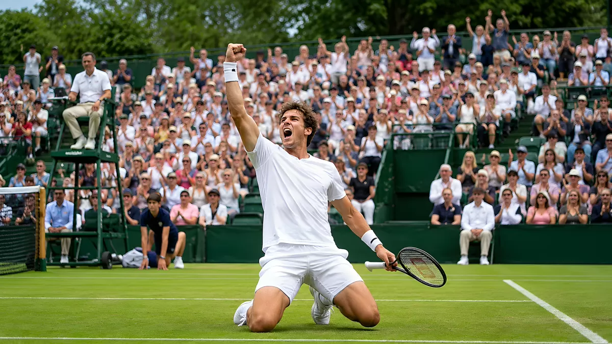 Tennisspieler jubelt kniend auf Wimbledon-Rasenplatz