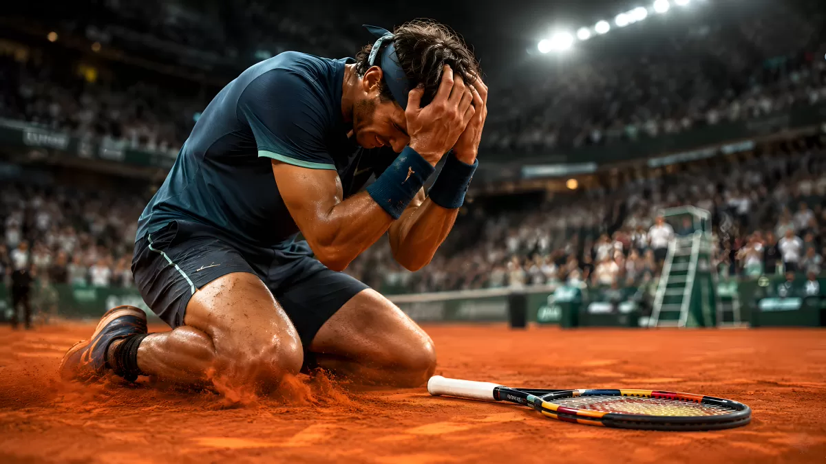Tennisspieler kniet emotional auf rotem Sand