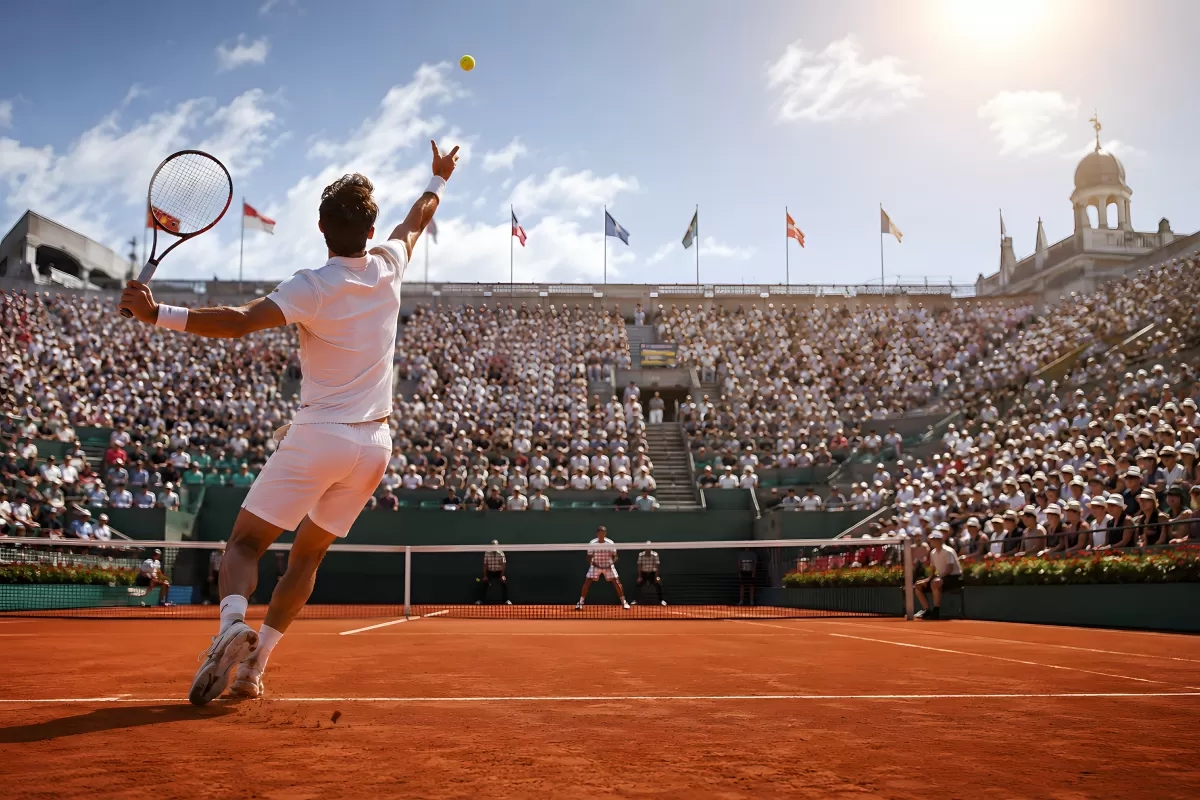 Tennisspieler serviert bei den French Open (Roland Garros)