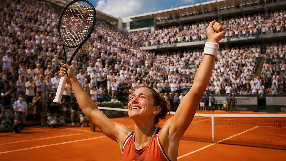 Tennisspielerin jubelt auf rotem Sand nach Sieg