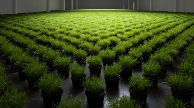 Teppich aus grünen Grashalmen in Pflanzgefäßen