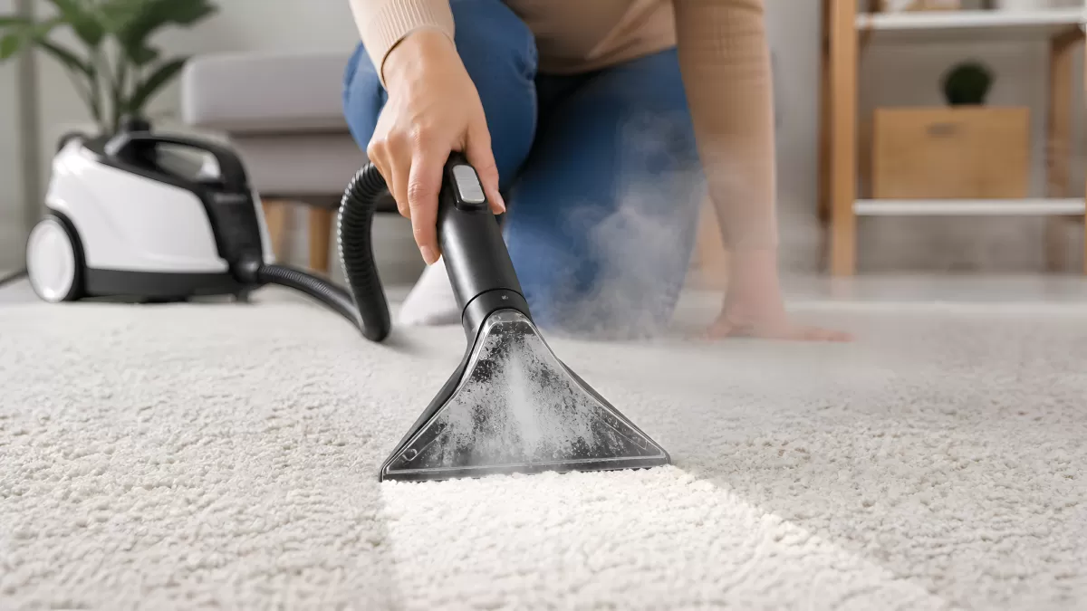 Teppichreinigung mit Dampfreiniger im Wohnzimmer