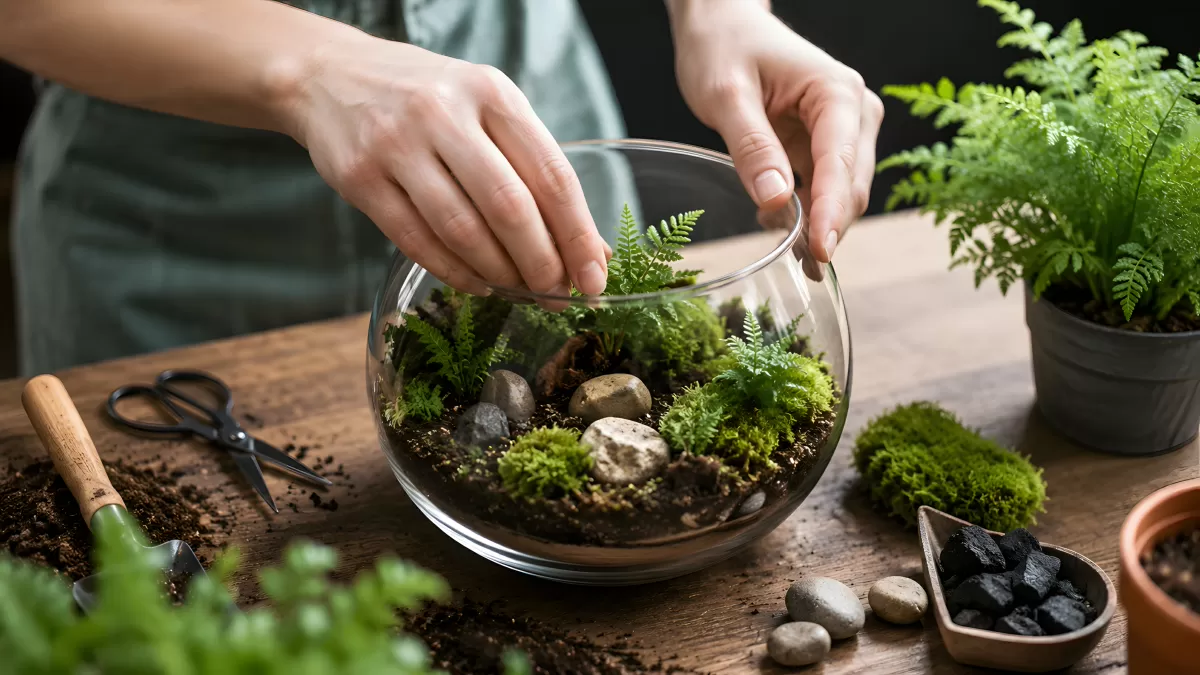 Terrarium selbst basteln mit Moos und Farnen