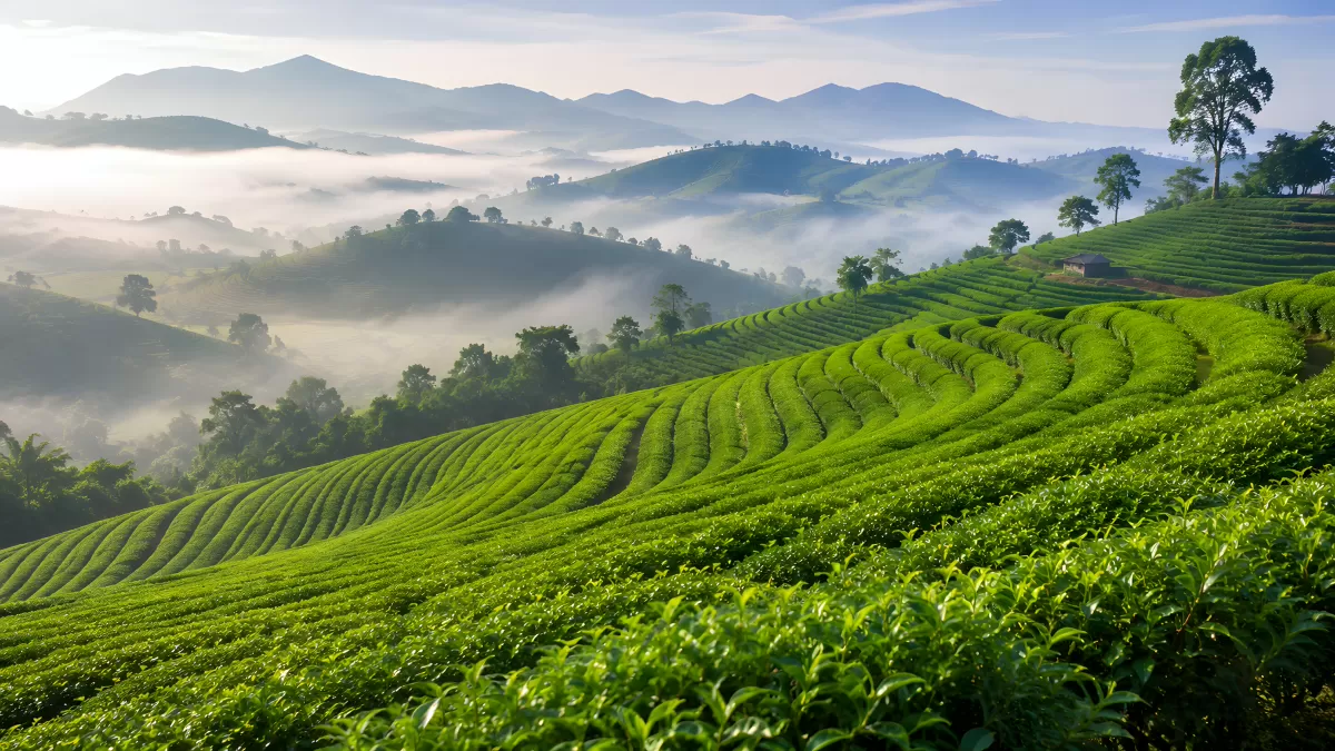 Terrassierte Teeplantagen im Morgennebel der Berge