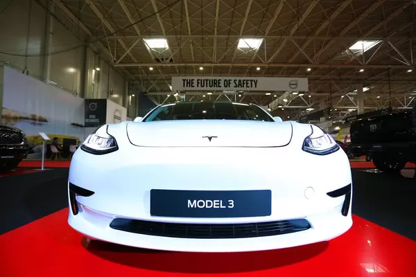 Tesla Model 3, front view at Bucharest Auto Show 2019 SAB