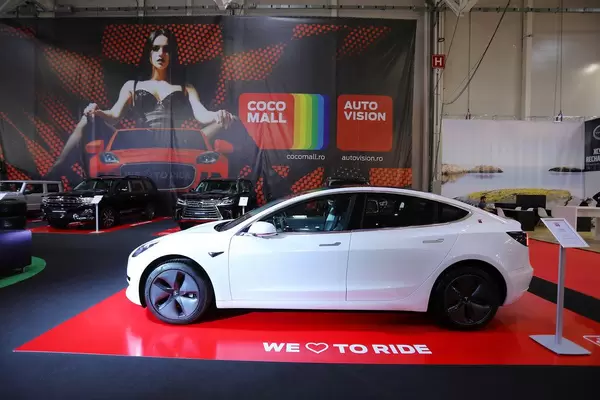 Tesla Model 3, side view, at Bucharest Auto Show 2019 SAB