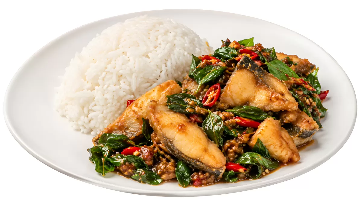 Thais Basilikum-Fisch mit Chili und weißem Reis