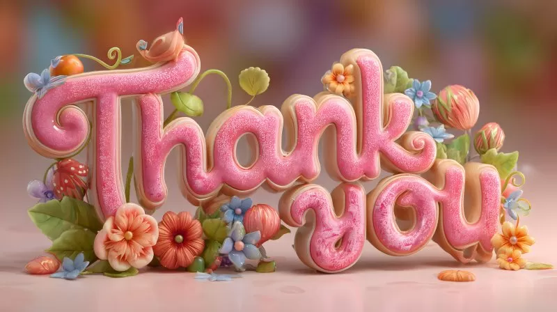 Thank You Schriftzug im bunten 3D Cartoonstil mit Blumen