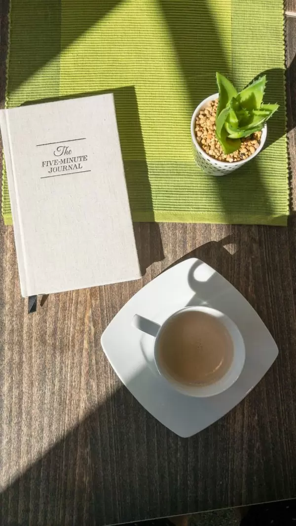The book The Five Minute Journal, Cappuccino and a fake plant on the table. Top view