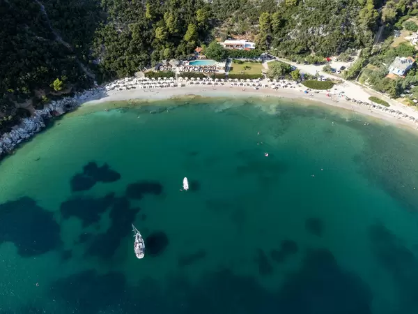 The breathtaking bay of Limnonari on the south coast of Skopelos, Greece. Top view